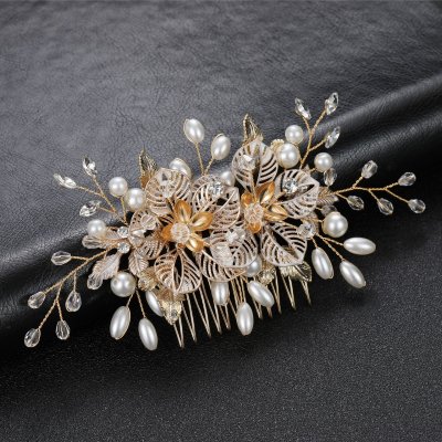 Gold-plated Openwork Floral Hair Comb with Pearls and Crystals